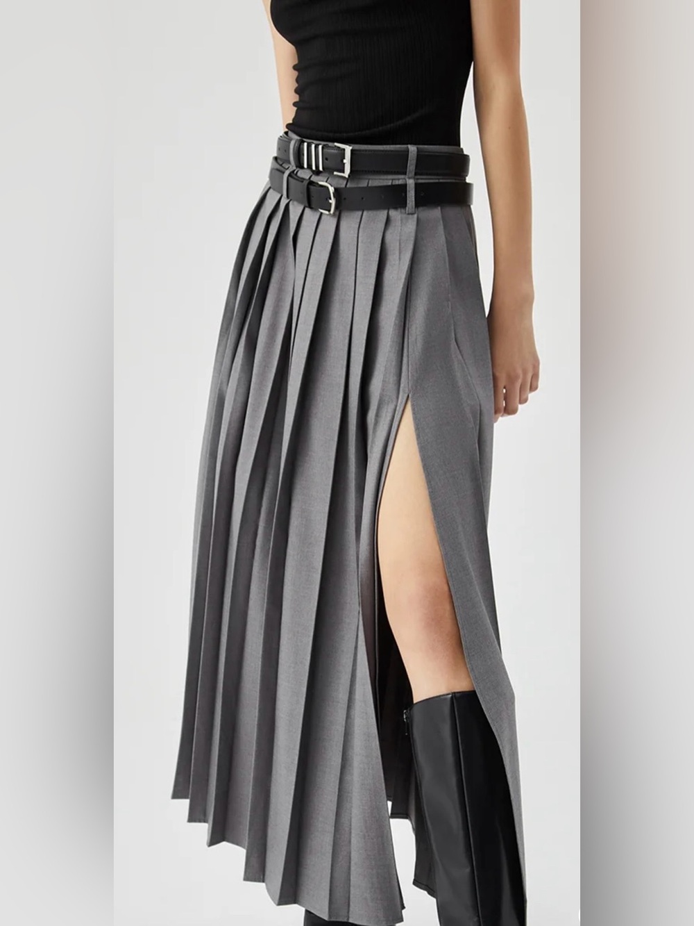 Commense Split Pleated Grey Women's Skirt